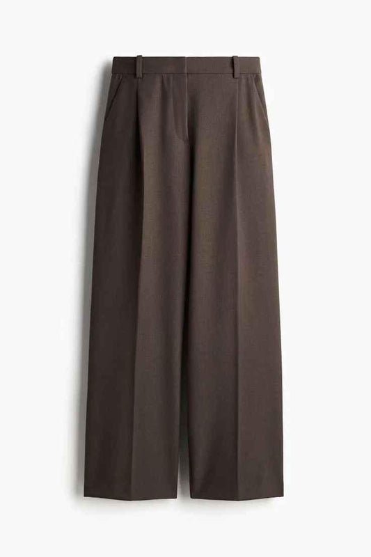 Waisted Dark Brown Pleated Wide-Leg Trousers