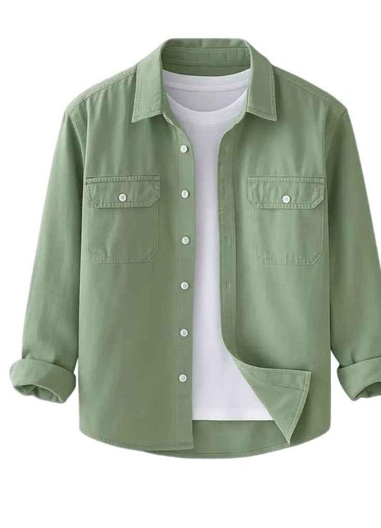 Green Shirt Layered Over White T-Shirt