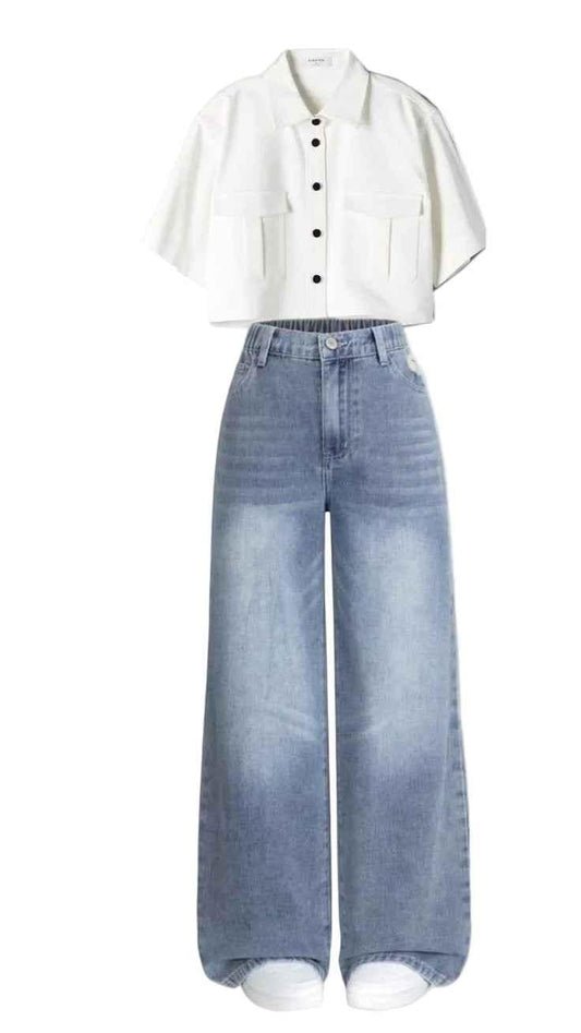 Cropped Utility Shirt and Wide-Leg Denim Outfit