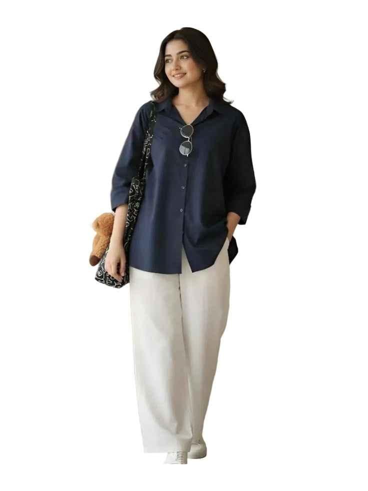 Women's Navy Blue Cotton-Blend Oversized Shirt Tunic