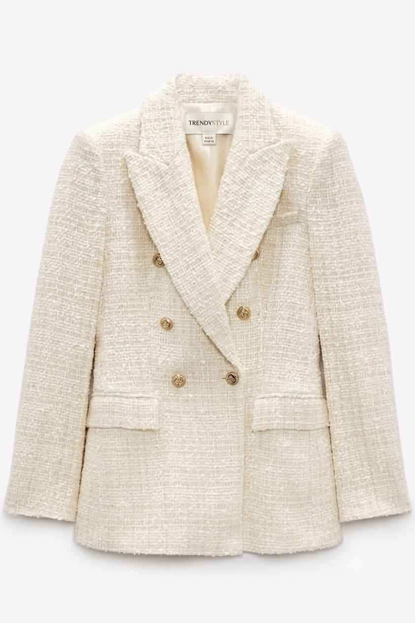 Off-White Textured Tweed Double-Breasted Blazer